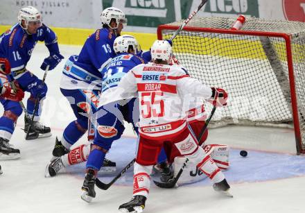 EBEL. Eishockey Bundesliga. EC VSV gegen KAC. Stefan Bacher, Miha Verlic, (VSV), Tomas Duba, Mitja Robar  (KAC). Villach, am 19.9.2017.
Foto: Kuess 


---
pressefotos, pressefotografie, kuess, qs, qspictures, sport, bild, bilder, bilddatenbank