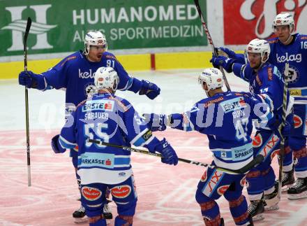 EBEL. Eishockey Bundesliga. EC VSV gegen KAC. Torjubel Miha Verlic, Andrew Sarauer, Ryan Glenn, Stefan Bacher, Jordan Hickmott (VSV). Villach, am 19.9.2017.
Foto: Kuess 


---
pressefotos, pressefotografie, kuess, qs, qspictures, sport, bild, bilder, bilddatenbank