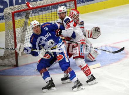 EBEL. Eishockey Bundesliga. EC VSV gegen KAC. Jordan Hickmott,  (VSV), Mitja Robar (KAC). Villach, am 19.9.2017.
Foto: Kuess 


---
pressefotos, pressefotografie, kuess, qs, qspictures, sport, bild, bilder, bilddatenbank