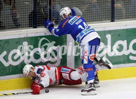 EBEL. Eishockey Bundesliga. EC VSV gegen KAC. Kyle Beach,  (VSV), Richard Regehr (KAC). Villach, am 19.9.2017.
Foto: Kuess 


---
pressefotos, pressefotografie, kuess, qs, qspictures, sport, bild, bilder, bilddatenbank