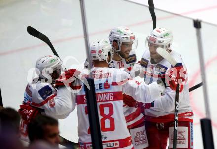 EBEL. Eishockey Bundesliga. EC VSV gegen KAC. Torjubel Steven Strong, Martin Schumnig, Matthew Neal, Johannes Bischofberger (KAC). Villach, am 19.9.2017.
Foto: Kuess 


---
pressefotos, pressefotografie, kuess, qs, qspictures, sport, bild, bilder, bilddatenbank