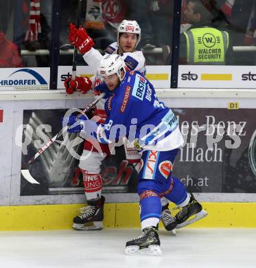 EBEL. Eishockey Bundesliga. EC VSV gegen KAC. Stefan Bacher, (VSV), Manuel Ganahl  (KAC). Villach, am 19.9.2017.
Foto: Kuess 


---
pressefotos, pressefotografie, kuess, qs, qspictures, sport, bild, bilder, bilddatenbank