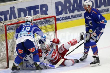 EBEL. Eishockey Bundesliga. EC VSV gegen KAC.  Stefan Bacher, Dave Shields, (VSV), Stefan Geier (KAC). Villach, am 19.9.2017.
Foto: Kuess 


---
pressefotos, pressefotografie, kuess, qs, qspictures, sport, bild, bilder, bilddatenbank
