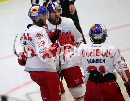 EBEL. Eishockey Bundesliga. EC VSV gegen EC Red Bull Salzburg. Torjubel Brant Harris, Alexander Aleardi, Dominique Heinrich (VSV). Villach, am 21.9.2017.
Foto: Kuess 


---
pressefotos, pressefotografie, kuess, qs, qspictures, sport, bild, bilder, bilddatenbank