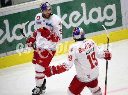 EBEL. Eishockey Bundesliga. EC VSV gegen EC Red Bull Salzburg. Torjubel Brant Harris, Alexander Aleardi  (Salzburg). Villach, am 21.9.2017.
Foto: Kuess 


---
pressefotos, pressefotografie, kuess, qs, qspictures, sport, bild, bilder, bilddatenbank