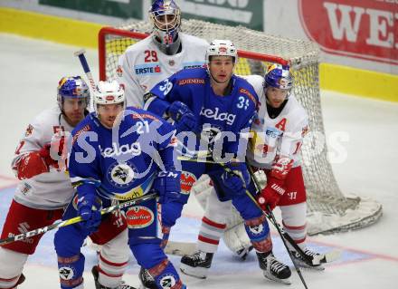 EBEL. Eishockey Bundesliga. EC VSV gegen EC Red Bull Salzburg. Benjamin Petrik, Patrick Platzer (VSV), Matthias Trattnig, Bernhard Starkbaum, Ryan Duncan (Salzburg). Villach, am 21.9.2017.
Foto: Kuess 


---
pressefotos, pressefotografie, kuess, qs, qspictures, sport, bild, bilder, bilddatenbank