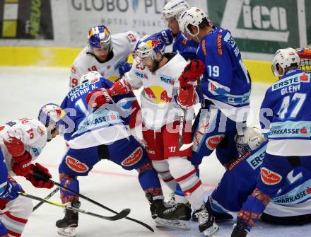 EBEL. Eishockey Bundesliga. EC VSV gegen EC Red Bull Salzburg. Nikolas Petrik, Stefan Bacher, Robert Flick (VSV), Brant Harris, (Salzburg). Villach, am 21.9.2017.
Foto: Kuess 


---
pressefotos, pressefotografie, kuess, qs, qspictures, sport, bild, bilder, bilddatenbank