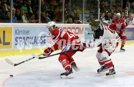 EBEL. Eishockey Bundesliga. KAC gegen HCB Suedtirol Alperia. Jullian Talbot, (KAC), Charles Robin Gartner  (Bozen). Klagenfurt, am 22.9.2017.
Foto: Kuess

---
pressefotos, pressefotografie, kuess, qs, qspictures, sport, bild, bilder, bilddatenbank