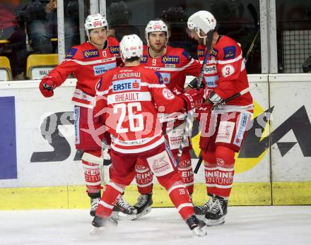 EBEL. Eishockey Bundesliga. KAC gegen HCB Suedtirol Alperia. Torjubel Manuel Ganahl, Matthew Neal, David Joseph Fischer, Jonathan Rheault (KAC). Klagenfurt, am 22.9.2017.
Foto: Kuess

---
pressefotos, pressefotografie, kuess, qs, qspictures, sport, bild, bilder, bilddatenbank