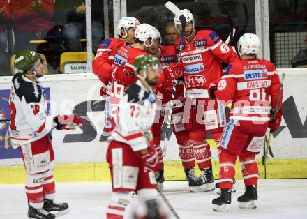 EBEL. Eishockey Bundesliga. KAC gegen HCB Suedtirol Alperia. Torjubel Manuel Ganahl, Matthew Neal, David Joseph Fischer, Jonathan Rheault, Kevin Kapstad (KAC). Klagenfurt, am 22.9.2017.
Foto: Kuess

---
pressefotos, pressefotografie, kuess, qs, qspictures, sport, bild, bilder, bilddatenbank