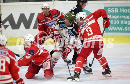 EBEL. Eishockey Bundesliga. KAC gegen HCB Suedtirol Alperia. Manuel Ganahl, Jonathan Rheault, Matthew Neal, (KAC), Travis Oleksuk  (Bozen). Klagenfurt, am 22.9.2017.
Foto: Kuess

---
pressefotos, pressefotografie, kuess, qs, qspictures, sport, bild, bilder, bilddatenbank