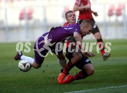 Fussball. Regionalliga. SK Austria Klagenfurt gegen SC Copacabana Kalsdorf. Florian Jaritz (Austria Klagenfurt), Jan Ulrich (Kalsdorf). Klagenfurt, 23.9.2017.
Foto: Kuess
---
pressefotos, pressefotografie, kuess, qs, qspictures, sport, bild, bilder, bilddatenbank