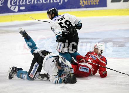 EBEL. Eishockey Bundesliga. KAC gegen 	EHC Liwest Black Wings Linz. Manuel Ganahl, (KAC), Jonathan D Aversa, Sebastien Piche (Linz). Klagenfurt, am 28.9.2017.
Foto: Kuess

---
pressefotos, pressefotografie, kuess, qs, qspictures, sport, bild, bilder, bilddatenbank