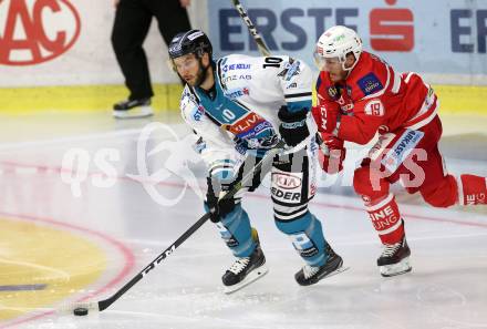 EBEL. Eishockey Bundesliga. KAC gegen 	EHC Liwest Black Wings Linz. Stefan Geier, (KAC), Marc Andre Dorion (Linz). Klagenfurt, am 28.9.2017.
Foto: Kuess

---
pressefotos, pressefotografie, kuess, qs, qspictures, sport, bild, bilder, bilddatenbank