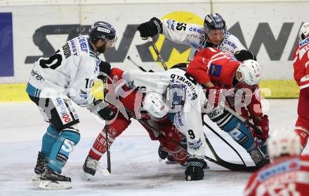 EBEL. Eishockey Bundesliga. KAC gegen 	EHC Liwest Black Wings Linz. Thomas Hundertpfund, Marco Richter (KAC), Marc Andre Dorion, Rick Schofield, Robert Lukas (Linz). Klagenfurt, am 28.9.2017.
Foto: Kuess

---
pressefotos, pressefotografie, kuess, qs, qspictures, sport, bild, bilder, bilddatenbank