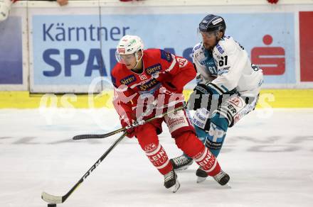EBEL. Eishockey Bundesliga. KAC gegen 	EHC Liwest Black Wings Linz. Marco Brucker, (KAC), Patrick Spannring (Linz). Klagenfurt, am 28.9.2017.
Foto: Kuess

---
pressefotos, pressefotografie, kuess, qs, qspictures, sport, bild, bilder, bilddatenbank