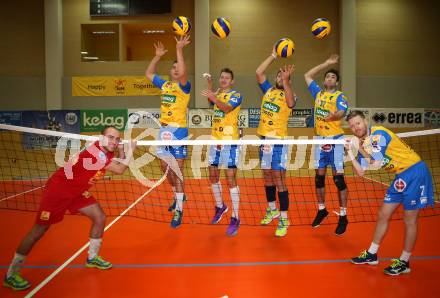 AVL. Volleyball Bundesliga. Pawel Stysial, Wiktor Siewierski, David Michel, Jan Krol, Lukasz Wiese, Kasper Vuorinen,  (Aich/Dob). Bleiburg, am 26.9.2017.
Foto: Kuess
---
pressefotos, pressefotografie, kuess, qs, qspictures, sport, bild, bilder, bilddatenbank