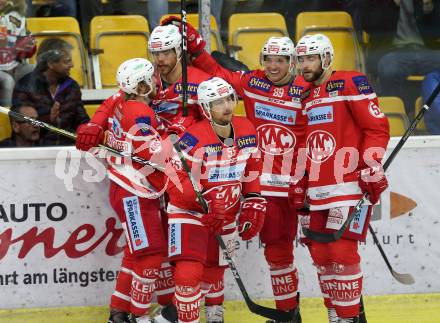 EBEL. Eishockey Bundesliga. KAC gegen 	HC TWK Innsbruck. Torjubel Thomas Hundertpfund, Johannes Bischofberger, Mitja Robar, Marco Brucker, Christoph Duller (KAC). Klagenfurt, am 1.10.2017.
Foto: Kuess

---
pressefotos, pressefotografie, kuess, qs, qspictures, sport, bild, bilder, bilddatenbank