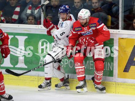 EBEL. Eishockey Bundesliga. KAC gegen 	HC TWK Innsbruck. Christoph Duller, (KAC), Hunter Bishop (Innsbruck). Klagenfurt, am 1.10.2017.
Foto: Kuess

---
pressefotos, pressefotografie, kuess, qs, qspictures, sport, bild, bilder, bilddatenbank