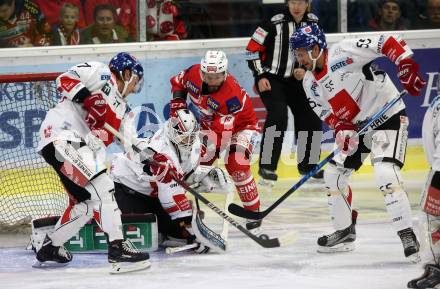 EBEL. Eishockey Bundesliga. KAC gegen 	HC TWK Innsbruck. Thomas Koch (KAC), Philipp Lindner, Patrik Nechvatal, Jeremie Ouelet Blain (Innsbruck). Klagenfurt, am 1.10.2017.
Foto: Kuess

---
pressefotos, pressefotografie, kuess, qs, qspictures, sport, bild, bilder, bilddatenbank