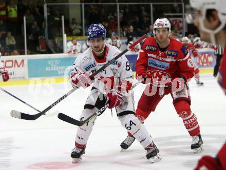 EBEL. Eishockey Bundesliga. KAC gegen 	HC TWK Innsbruck. Matthew Neal, (KAC), Ondrej Sedivy (Innsbruck). Klagenfurt, am 1.10.2017.
Foto: Kuess

---
pressefotos, pressefotografie, kuess, qs, qspictures, sport, bild, bilder, bilddatenbank