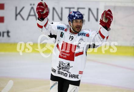 EBEL. Eishockey Bundesliga. KAC gegen 	HC TWK Innsbruck. Torjubel Tyler Spurgeon  (Innsbruck). Klagenfurt, am 1.10.2017.
Foto: Kuess

---
pressefotos, pressefotografie, kuess, qs, qspictures, sport, bild, bilder, bilddatenbank