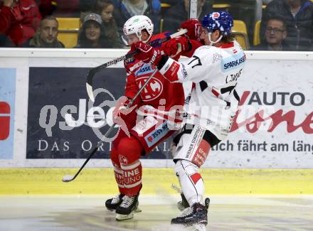 EBEL. Eishockey Bundesliga. KAC gegen 	HC TWK Innsbruck. Jamie Lundmark, (KAC), Philipp Lindner (Innsbruck). Klagenfurt, am 1.10.2017.
Foto: Kuess

---
pressefotos, pressefotografie, kuess, qs, qspictures, sport, bild, bilder, bilddatenbank