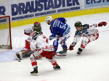 EBEL. Eishockey Bundesliga. EC VSV gegen HCB Suedtirol Alperia. Andrew Sarauer, (VSV), Jacob Smith, Matthew Clark (Bozen). Villach, am 6.10.2017.
Foto: Kuess 


---
pressefotos, pressefotografie, kuess, qs, qspictures, sport, bild, bilder, bilddatenbank