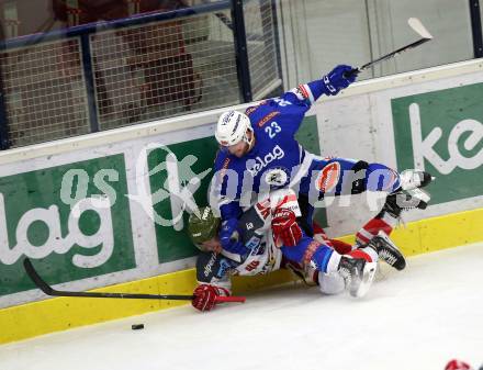 EBEL. Eishockey Bundesliga. EC VSV gegen HCB Suedtirol Alperia. Markus Schlacher, (VSV), Dominic Monardo (Bozen). Villach, am 6.10.2017.
Foto: Kuess 


---
pressefotos, pressefotografie, kuess, qs, qspictures, sport, bild, bilder, bilddatenbank