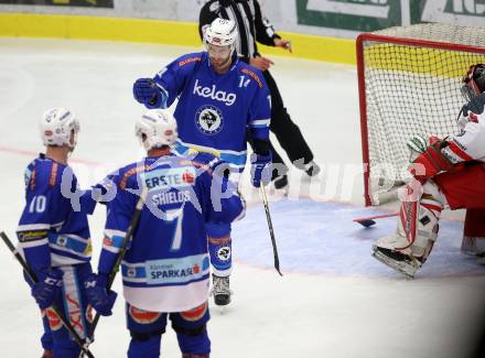 EBEL. Eishockey Bundesliga. EC VSV gegen HCB Suedtirol Alperia. Torjubel Kyle Beach, Dave Shields, Robert Flick (VSV). Villach, am 6.10.2017.
Foto: Kuess 


---
pressefotos, pressefotografie, kuess, qs, qspictures, sport, bild, bilder, bilddatenbank