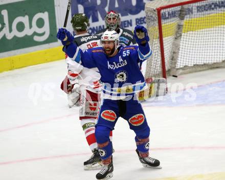 EBEL. Eishockey Bundesliga. EC VSV gegen HCB Suedtirol Alperia. Torjubel Andrew Sarauer (VSV). Villach, am 6.10.2017.
Foto: Kuess 


---
pressefotos, pressefotografie, kuess, qs, qspictures, sport, bild, bilder, bilddatenbank