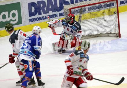 EBEL. Eishockey Bundesliga. EC VSV gegen HCB Suedtirol Alperia. Andrew Sarauer,  (VSV), Jacob Smith (Bozen). Villach, am 6.10.2017.
Foto: Kuess 


---
pressefotos, pressefotografie, kuess, qs, qspictures, sport, bild, bilder, bilddatenbank