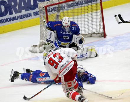 EBEL. Eishockey Bundesliga. EC VSV gegen HCB Suedtirol Alperia. David Kickert, Stefan Bacher, (VSV),  Luca Frigo (Bozen). Villach, am 6.10.2017.
Foto: Kuess 


---
pressefotos, pressefotografie, kuess, qs, qspictures, sport, bild, bilder, bilddatenbank