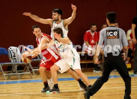 Basketball 2. Bundesliga. Grunddurchgang. 3. Runde. KOS Celovec gegen St. Poelten Dragons. Christian Erschen, Marin Sliskovic (KOS Celovec), Hannes Obermann (St. Poelten). Klagenfurt, am 7.10.2017.
Foto: Kuess
---
pressefotos, pressefotografie, kuess, qs, qspictures, sport, bild, bilder, bilddatenbank