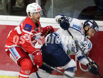EBEL. Eishockey Bundesliga. KAC gegen 	Fehervar AV 19. Mitja Robar, (KAC),  Olivier Latendresse (Alba Volan). Klagenfurt, am 8.10.2017.
Foto: Kuess

---
pressefotos, pressefotografie, kuess, qs, qspictures, sport, bild, bilder, bilddatenbank