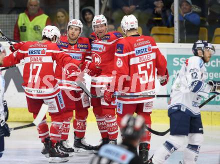 EBEL Eishockey Bundesliga. KAC gegen Fehervar AV 19. Torjube Matthew Neal, Jamie Lundmark, Christoph Duller, Manuel Ganahl (KAC). Klagenfurt, am 8.10.2017.
Foto: Kuess
---
pressefotos, pressefotografie, kuess, qs, qspictures, sport, bild, bilder, bilddatenbank