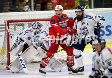 EBEL. Eishockey Bundesliga. KAC gegen 	Fehervar AV 19. Manuel Ganahl, (KAC), Antonin Manavian, Miklos Rajna (Alba Volan). Klagenfurt, am 8.10.2017.
Foto: Kuess

---
pressefotos, pressefotografie, kuess, qs, qspictures, sport, bild, bilder, bilddatenbank