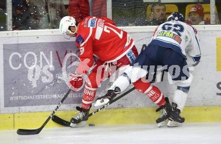 EBEL Eishockey Bundesliga. KAC gegen Fehervar AV 19. Steven Strong (KAC), Janos Hari (Fehervar) Klagenfurt, am 8.10.2017.
Foto: Kuess
---
pressefotos, pressefotografie, kuess, qs, qspictures, sport, bild, bilder, bilddatenbank