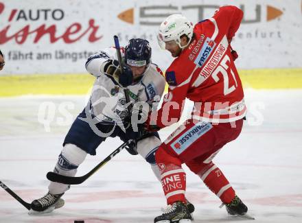 EBEL Eishockey Bundesliga. KAC gegen Fehervar AV 19. Thomas Hundertpfund (KAC), Olivier Latendresse (Fehervar) Klagenfurt, am 8.10.2017.
Foto: Kuess
---
pressefotos, pressefotografie, kuess, qs, qspictures, sport, bild, bilder, bilddatenbank