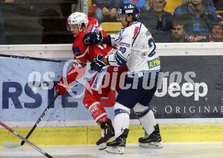 EBEL Eishockey Bundesliga. KAC gegen Fehervar AV 19. Manuel Ganahl (KAC), Luka Vidmar (Fehervar). Klagenfurt, am 8.10.2017.
Foto: Kuess

---
pressefotos, pressefotografie, kuess, qs, qspictures, sport, bild, bilder, bilddatenbank
