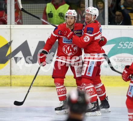 EBEL Eishockey Bundesliga. KAC gegen Fehervar AV 19. Torjube Matthew Neal, Jamie Lundmark (KAC). Klagenfurt, am 8.10.2017.
Foto: Kuess

---
pressefotos, pressefotografie, kuess, qs, qspictures, sport, bild, bilder, bilddatenbank