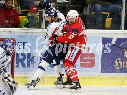EBEL. Eishockey Bundesliga. KAC gegen 	Fehervar AV 19. Jamie Lundmark, (KAC), Daniel Szabo (Alba Volan). Klagenfurt, am 8.10.2017.
Foto: Kuess

---
pressefotos, pressefotografie, kuess, qs, qspictures, sport, bild, bilder, bilddatenbank