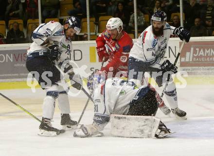 EBEL. Eishockey Bundesliga. KAC gegen 	Fehervar AV 19. Thomas Hundertpfund (KAC), Jeff Lovecchio, Antonin Manvian, Miklos Rajna (Alba Volan). Klagenfurt, am 8.10.2017.
Foto: Kuess

---
pressefotos, pressefotografie, kuess, qs, qspictures, sport, bild, bilder, bilddatenbank