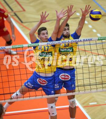AVL. Volleyball. Volley League Men. SK Posojilnica Aich Dob gegen VBK Woerthersee Loewen Klagenfurt.  Mario Koncilja, Lukasz Wiese (Aich Dob). Bleiburg, am 11.10.2017.
Foto: Kuess
---
pressefotos, pressefotografie, kuess, qs, qspictures, sport, bild, bilder, bilddatenbank