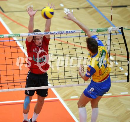 AVL. Volleyball. Volley League Men. SK Posojilnica Aich Dob gegen VBK Woerthersee Loewen Klagenfurt. David Michel (Aich Dob), Arwin Kopschar (Klagenfurt). Bleiburg, am 11.10.2017.
Foto: Kuess
---
pressefotos, pressefotografie, kuess, qs, qspictures, sport, bild, bilder, bilddatenbank