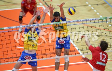 AVL. Volleyball. Volley League Men. SK Posojilnica Aich Dob gegen VBK Woerthersee Loewen Klagenfurt. Mario Koncilja, Lukasz Wiese (Aich Dob), Markus Franz Schloffer  (Klagenfurt). Bleiburg, am 11.10.2017.
Foto: Kuess
---
pressefotos, pressefotografie, kuess, qs, qspictures, sport, bild, bilder, bilddatenbank