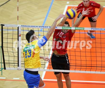 AVL. Volleyball. Volley League Men. SK Posojilnica Aich Dob gegen VBK Woerthersee Loewen Klagenfurt. Lukasz Wiese (Aich Dob), Simon Fruehbauer (Klagenfurt). Bleiburg, am 11.10.2017.
Foto: Kuess
---
pressefotos, pressefotografie, kuess, qs, qspictures, sport, bild, bilder, bilddatenbank