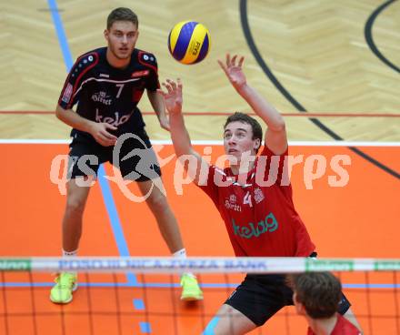 AVL. Volleyball. Volley League Men. SK Posojilnica Aich Dob gegen VBK Woerthersee Loewen Klagenfurt. Arwin Kopschar, Philipp Zabernig (Klagenfurt). Bleiburg, am 11.10.2017.
Foto: Kuess
---
pressefotos, pressefotografie, kuess, qs, qspictures, sport, bild, bilder, bilddatenbank
