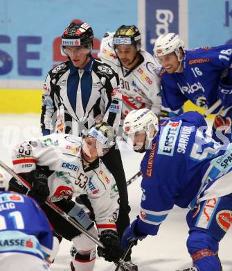 EBEL. Eishockey Bundesliga. EC VSV gegen HC Orli Znojmo. Andrew Sarauer, Jordan Hickmott,  (VSV), Radim Matus, Jiri Beroun (Znojmo), mSchiedsrichter. Villach, am 12.10.2017.
Foto: Kuess 


---
pressefotos, pressefotografie, kuess, qs, qspictures, sport, bild, bilder, bilddatenbank