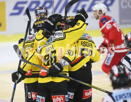 EBEL. Eishockey Bundesliga. KAC gegen 	Vienna Capitals. Torjubel Nikolaus Hartl (Vienna Capitals). Klagenfurt, am 15.10.2017.
Foto: Kuess

---
pressefotos, pressefotografie, kuess, qs, qspictures, sport, bild, bilder, bilddatenbank